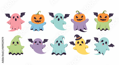 Delightful and whimsical collection of hand drawn cartoon flying ghost characters, including cute spooks and pumpkin-headed spirits, ideal for Halloween and autumn holiday designs