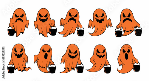 Spooky Halloween character set featuring an orange hand drawn cartoon flying ghost with various expressions like angry, happy, and sad, isolated on a white background
