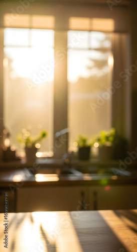 Kitchen interior bathed in sunlight: A sun-drenched kitchen scene, with a warm inviting atmosphere, offering a sense of tranquility and domestic bliss. 