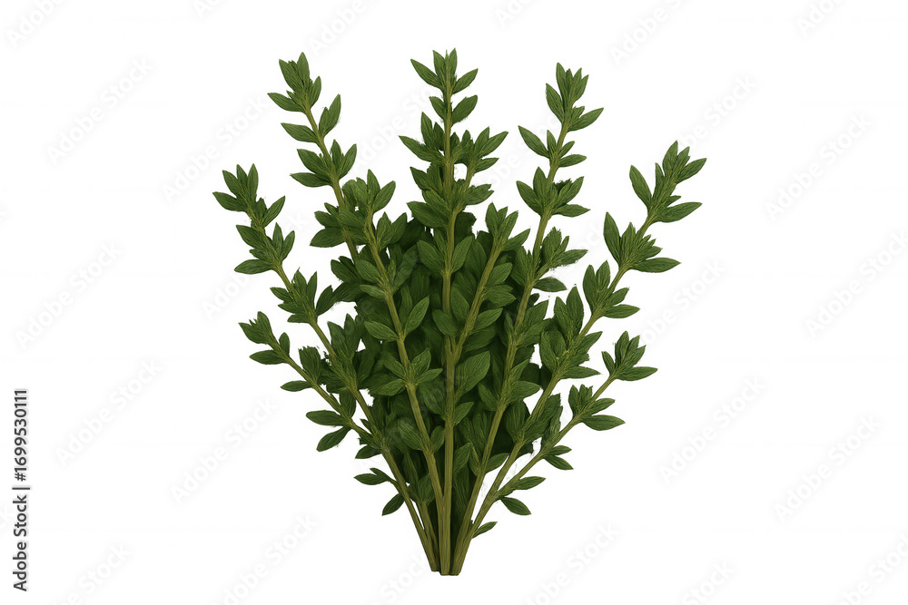 Fototapeta premium Sprig of fresh thyme with small green leaves isolated on a transparent background, perfect for food and cooking projects