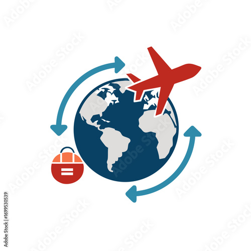 Global travel and transportation icon with airplane and luggage