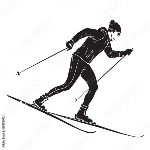 Black cross country skiing Silhouette Vector, High Quality Illustration on White Background