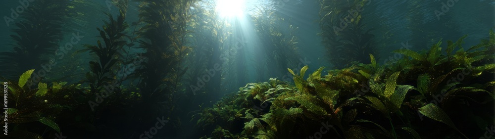 Fototapeta premium Underwater panorama of lush ocean flora kelp forest hdr imagery tranquil environment serene viewpoint