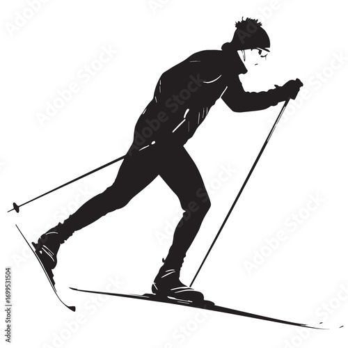 Black cross country skiing Silhouette Vector, High Quality Illustration on White Background