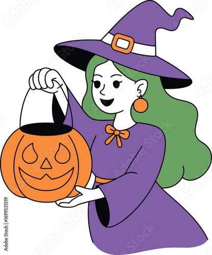 Cartoon witch holding jack o lantern trick or treat bucket