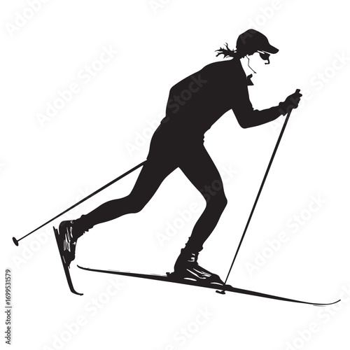 Black cross country skiing Silhouette Vector, High Quality Illustration on White Background