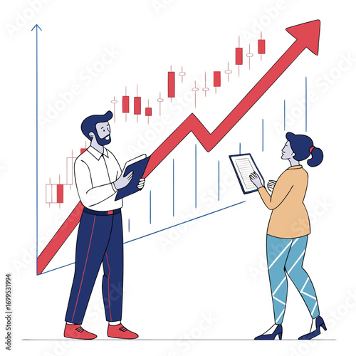 Vector art of business people analyzing stock market trends with rising graph, man and woman examining financial data for investment decisions