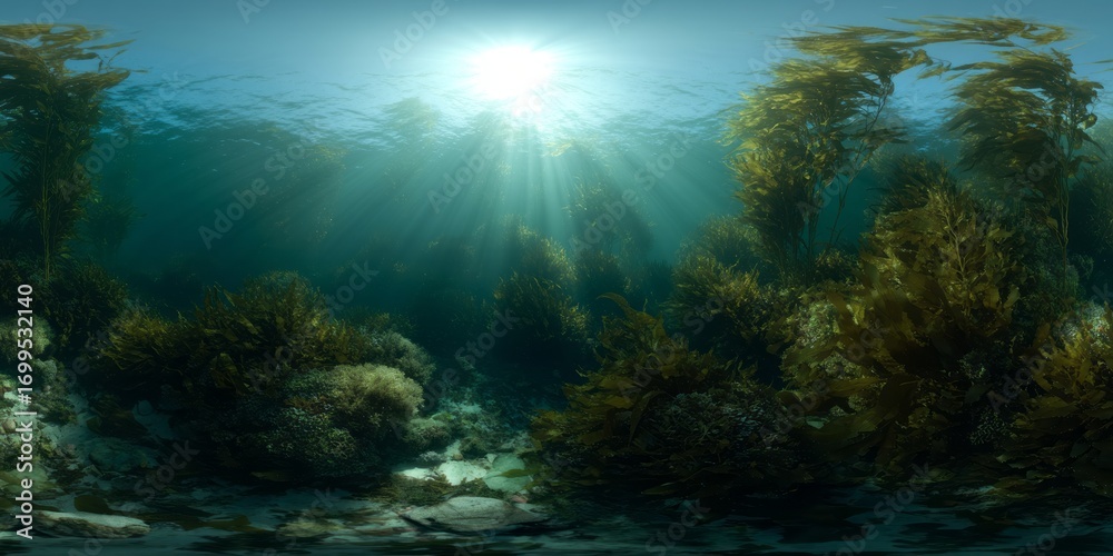 Fototapeta premium Underwater hdr panorama of kelp forests in oceanic depths luminous sunrays vibrant marine life tranquil atmosphere