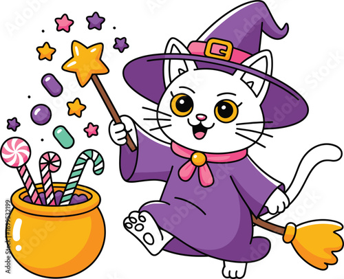 White cat witch with broom and candy cauldron vector