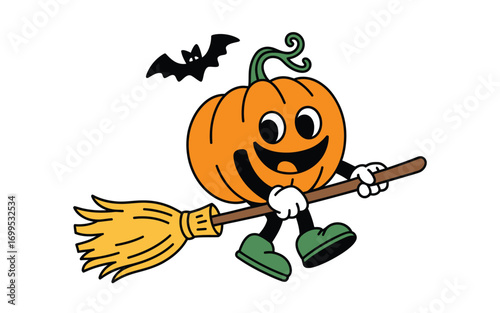 Cartoon pumpkin character flying on broom with bat