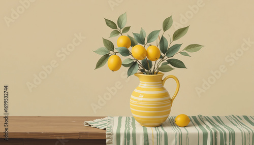 Yellow Lemon Branch with Green Leaves in Yellow Striped Ceramic Vase on Wooden Table