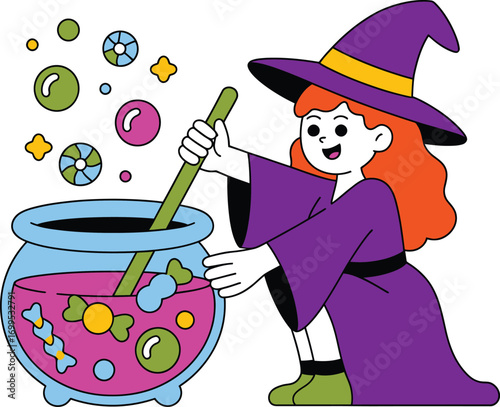 Cartoon witch stirring cauldron with candy and bubbles