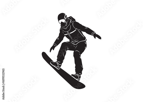 Snowboarder silhouette jumping downhill slope, dynamic winter sports illustration.