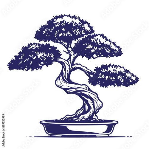 Elegant blue ink illustration of a traditional bonsai tree in a decorative pot