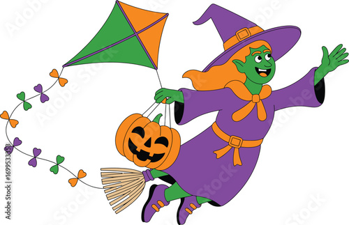 Green witch flying with kite pumpkins and broomstick