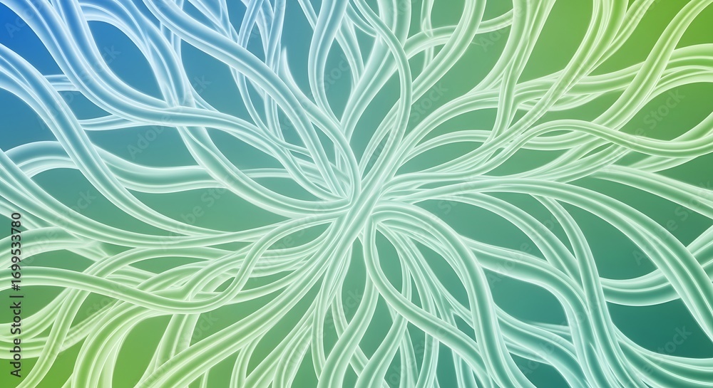 Fototapeta premium Abstract Flowing Energy Lines with White Luminous Ribbons on Blue Green Gradient Background – Dynamic Digital Art