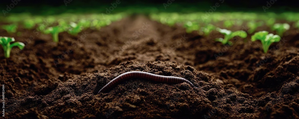 Fototapeta premium Agricultural growth showing benefits of healthy soil concept. A worm thriving in rich soil amongst young green plants.