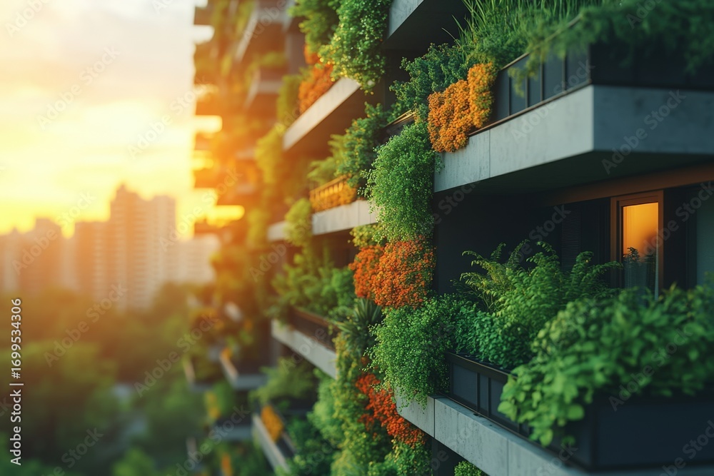 Fototapeta premium Urban Vertical Garden with Bright Greenery at Sunset