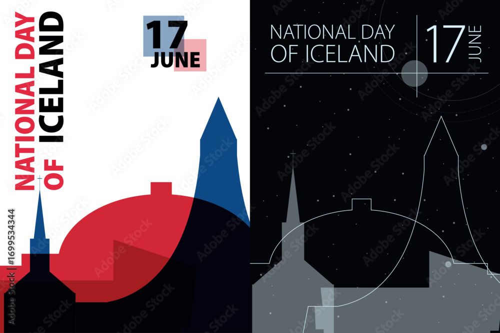 Obraz premium Iceland National Day poster pack. Vector illustrations with Reykjavik city skyline and landmarks shape for holiday card, print, event, brochure. Modern template
