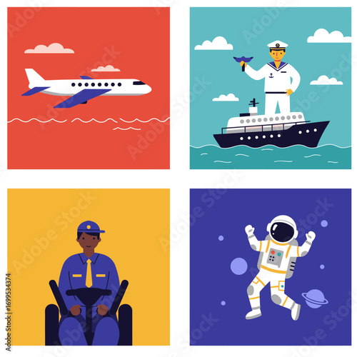 A collage of four square images depicting different modes of transportation and professions, including an airplane, a ship captain, a train operator, and an astronaut.