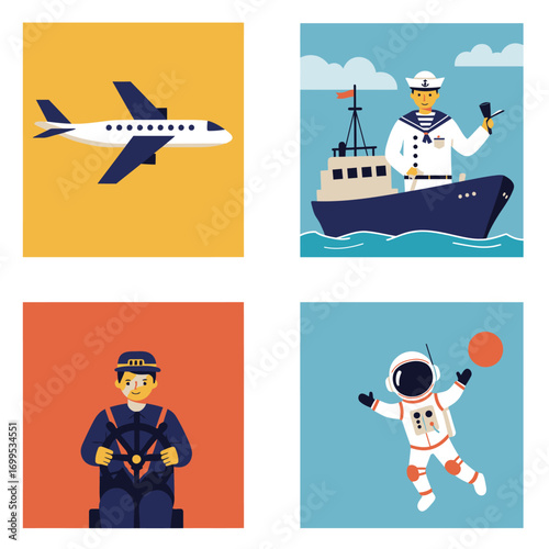 A collection of four square illustrations depicting various modes of transport and related professions, including an airplane, a ship with a sailor, a pilot in a cockpit, and an astronaut in space.