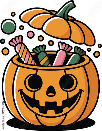 Orange jackolantern overflowing with colorful candies and green leaves