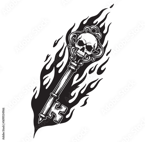 Intricate black and white design of a skull key enveloped in fiery flames