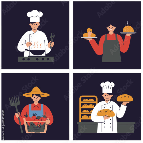 Four illustrations of food production and preparation.