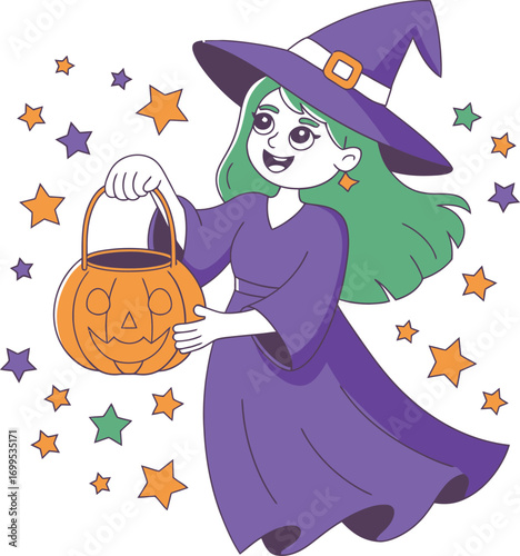 Cartoon witch holding jack o lantern surrounded by stars