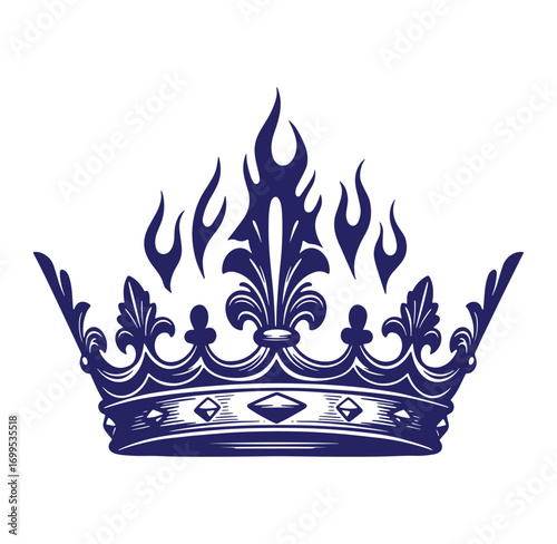 Intricate royal crown design with flames and fleur de lis elements in dark blue color