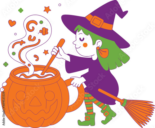 Cartoon witch stirring a jack o lantern cauldron halloween