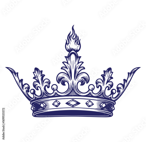 Intricate vector illustration of a royal crown with ornate details and a heraldic flame
