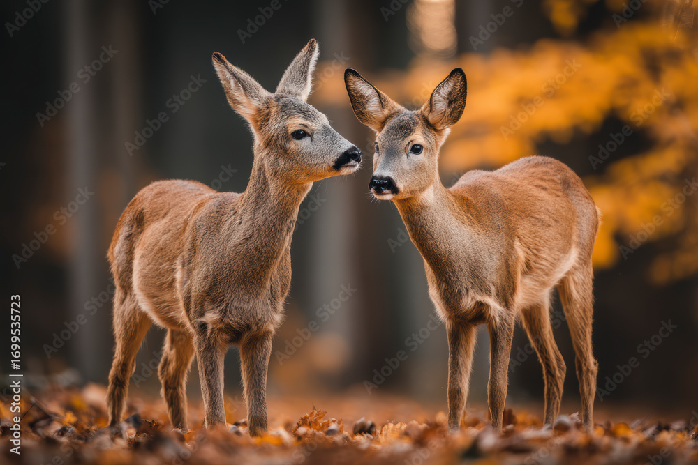 Fototapeta premium Two deer standing alert in an autumn forest with vibrant fall foliage. AI generative.
