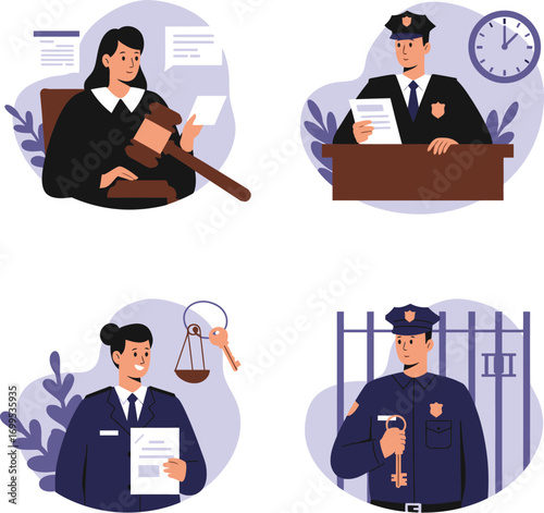 Diverse Cartoon Illustrations of Legal Professionals in Various Roles and Uniforms.