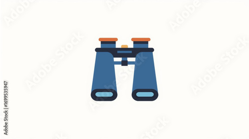 Minimalist flat design icon of blue binoculars, a symbol for vision, exploration, search, and discovery isolated on a white background