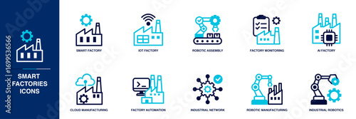 Smart Factories Building Blue Colored Outline Icon Set
