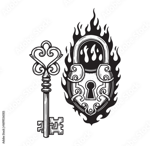 Vintage key and burning padlock illustration symbolizing secrets and protection on white background