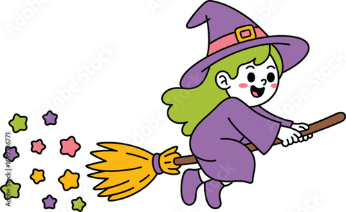 Cute cartoon witch flying on broomstick with stars