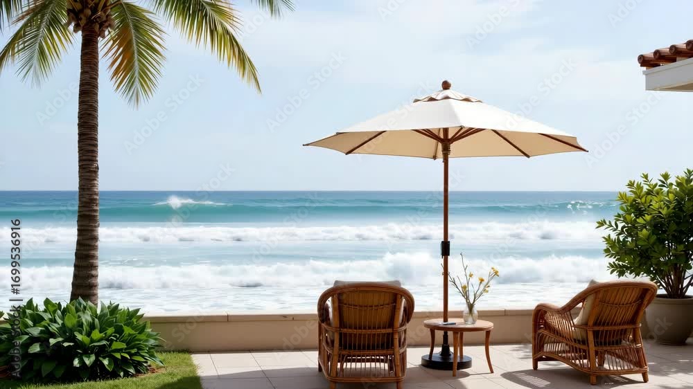 Tropical beach view with palm tree, wicker chair, umbrella on patio overlooking calm ocean waves under clear sky, creating peaceful and relaxing tropical atmosphere on sunny day