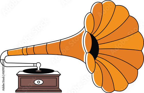 Orange gramophone with brown base and black record