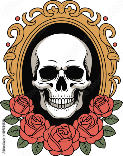 Human skull with red roses and ornate frame death