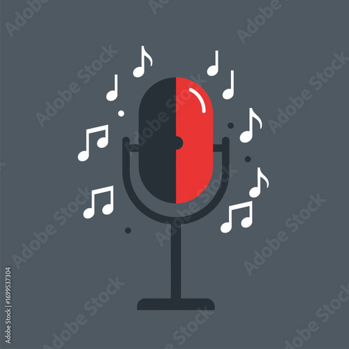 Red and Black Microphone with Musical Notes.