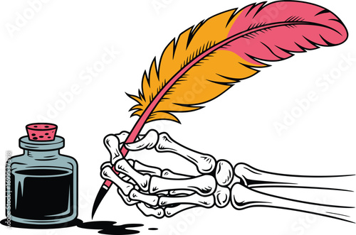 Skeleton hand holding quill pen with ink bottle vector