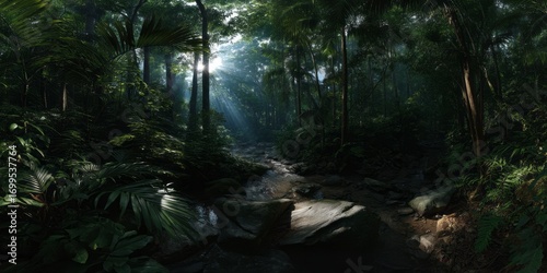 Fototapeta Naklejka Na Ścianę i Meble -  Captivating hdr panorama of lush jungle river nature hdri environment serene viewpoint