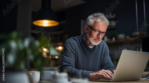 Senior man using laptop at home office, modern interior, technology adoption, stress and worry.
