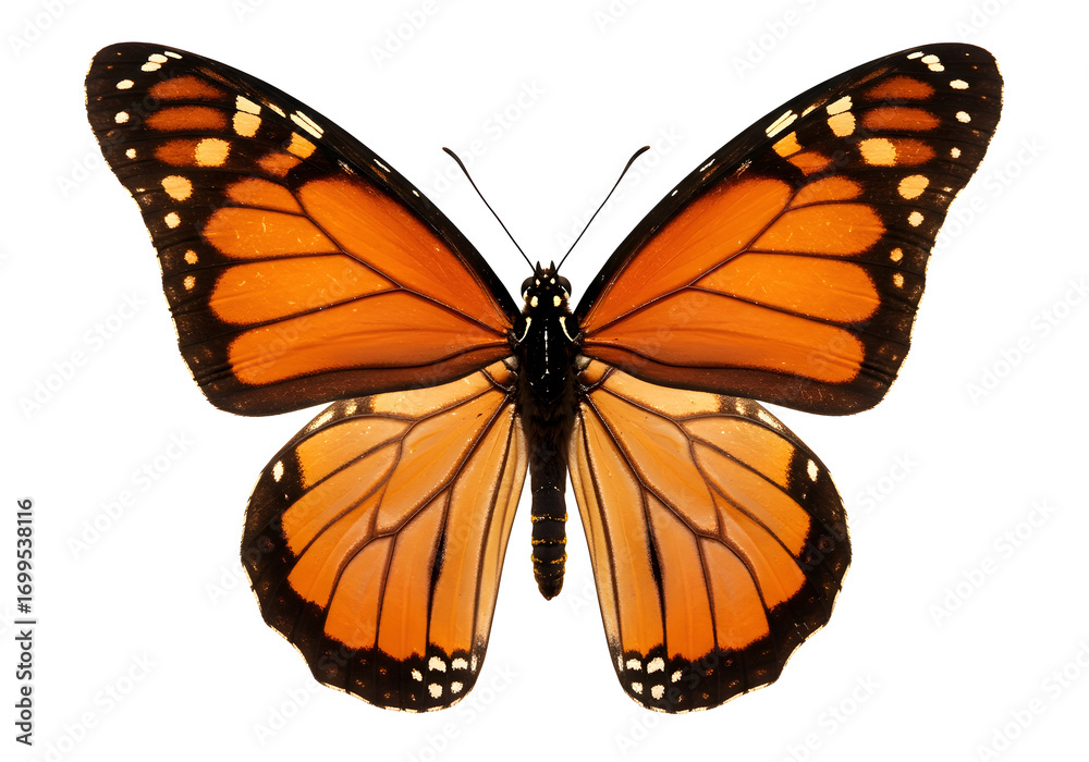 Obraz premium Elegant butterfly with symmetrical wings showcasing vibrant orange and black patterns in front of a blank backdrop, a beautiful nature insect detail.