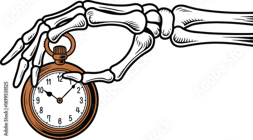 Skeleton hand holding antique pocket watch bone