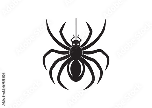 Black hanging spider silhouette flat vector style for Halloween design isolated on white.
