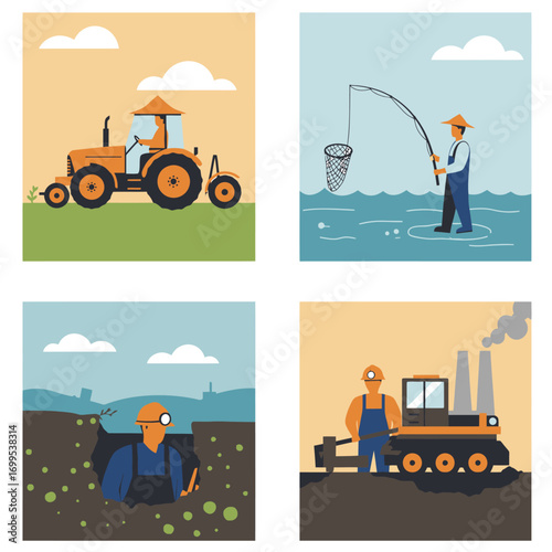 Cartoon farmer operating a vibrant orange agricultural tractor with large black wheels.
