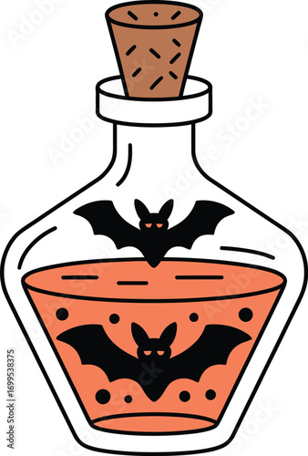 Halloween potion bottle with bats and orange liquid